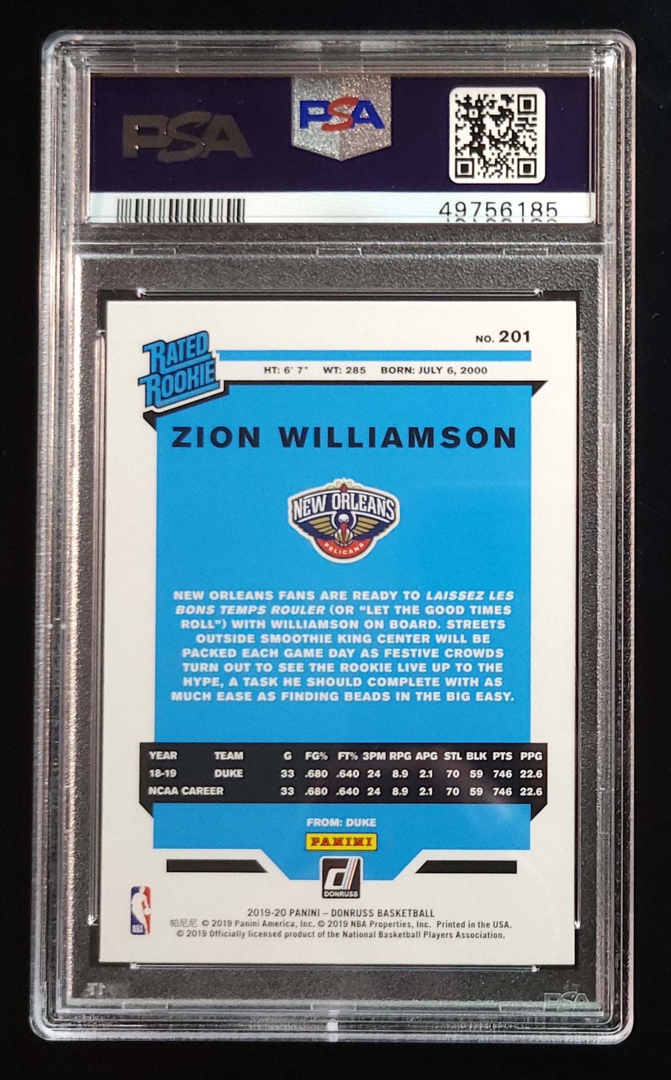 Zion Williamson 2019 Donruss Rated Rookie #201 PSA 10