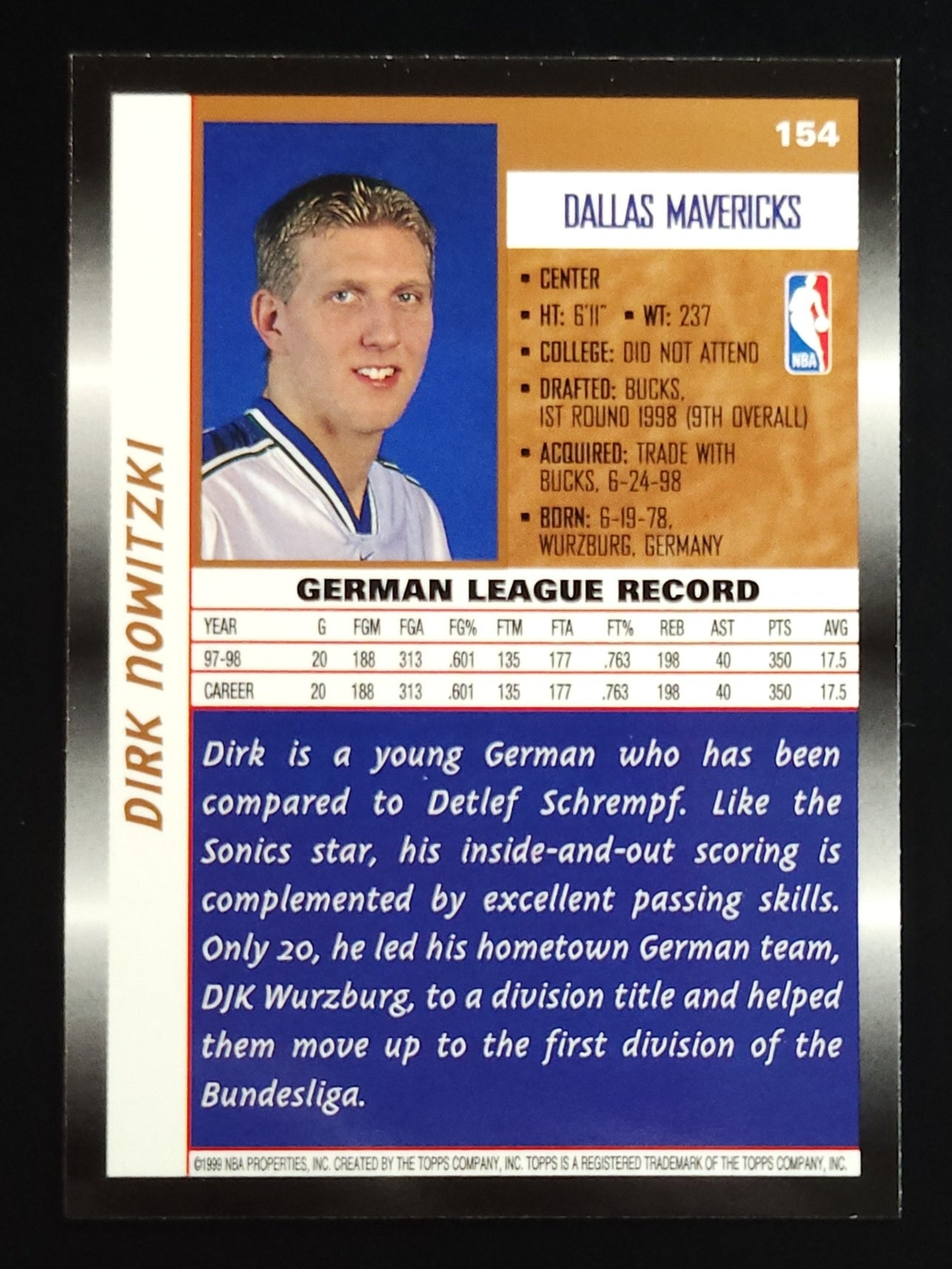 Dirk Nowitzki 1998-99 Topps Rookie #154 Mavericks