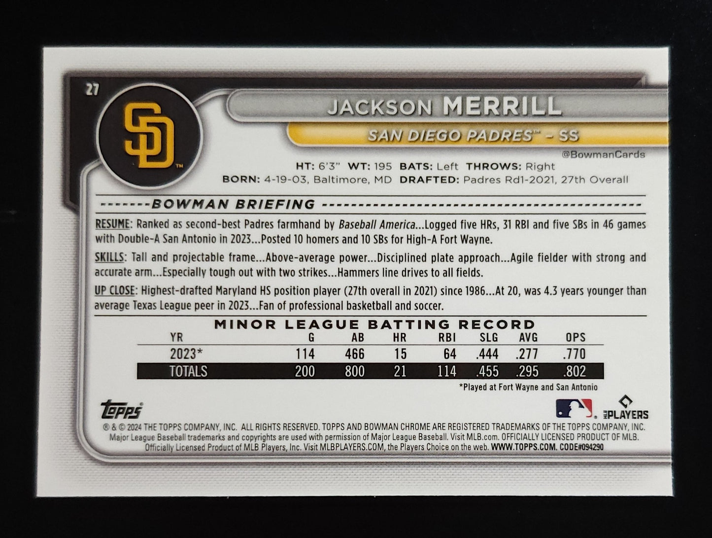 Jackson Merrill 2024 Bowman Chrome RC Mojo Refractor #27 Padres
