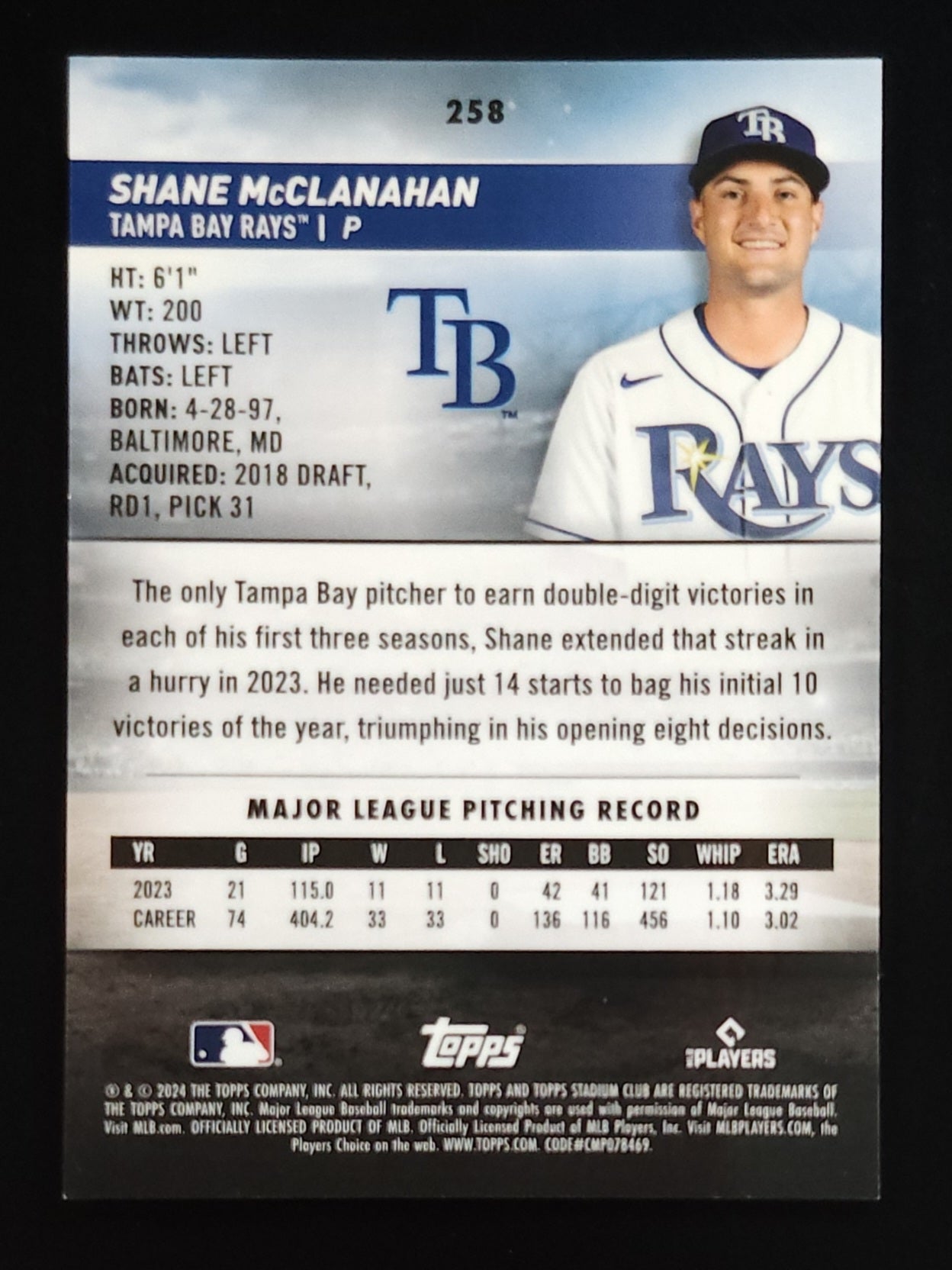 Shane McClanahan 2024 Stadium Club Pearl White Refractor 25/30 #258