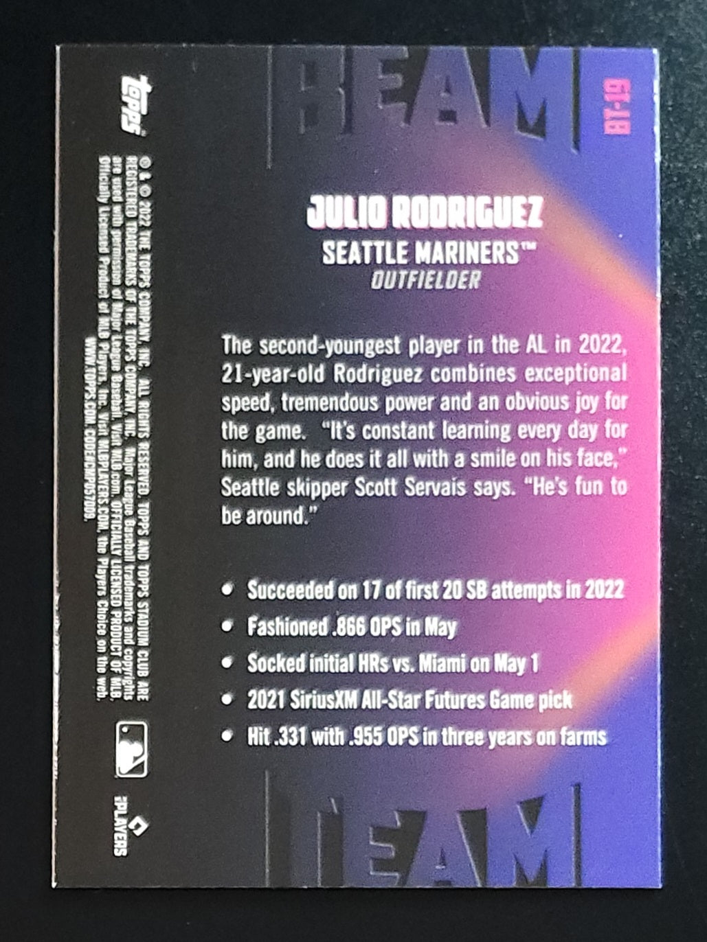 Julio Rodriguez 2022 Stadium Club Beam Team RC #BT-JR Mariners