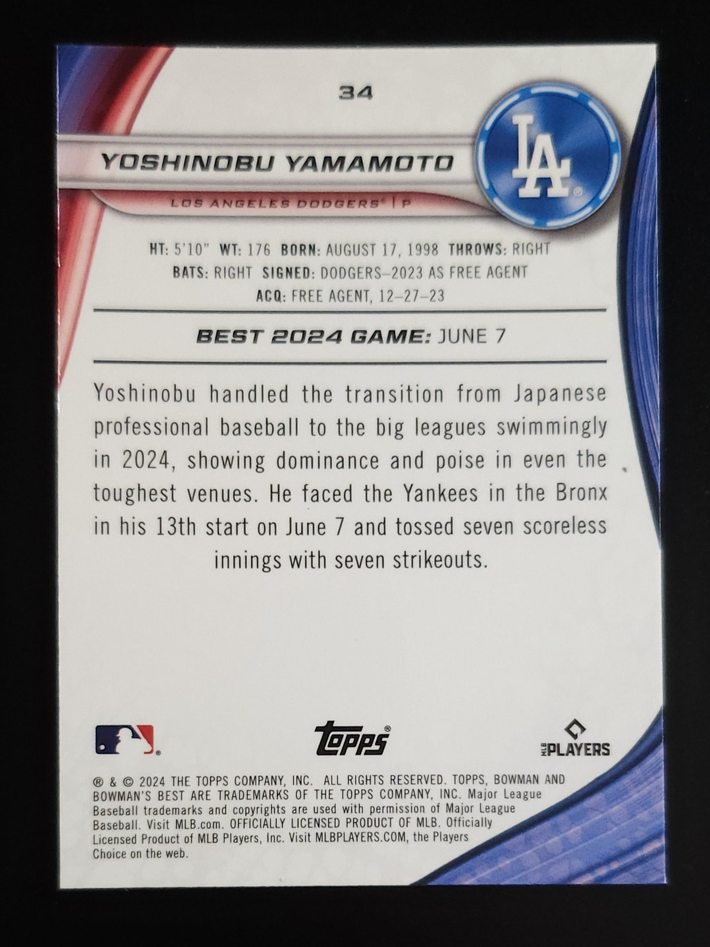 Yoshinobu Yamamoto 2024 Bowman's Best RC Green Refractor 75/99 #34 - Dodgers