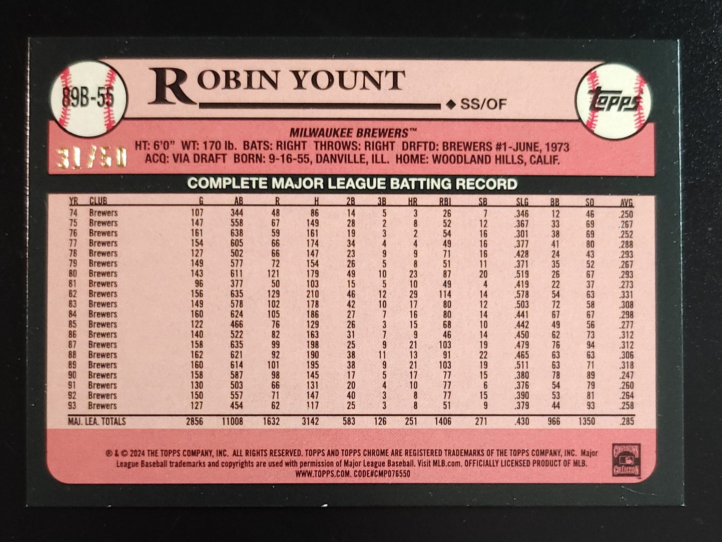 Robin Yount 2024 Topps 89 Gold Foil 31/50 #89B-56 Brewers