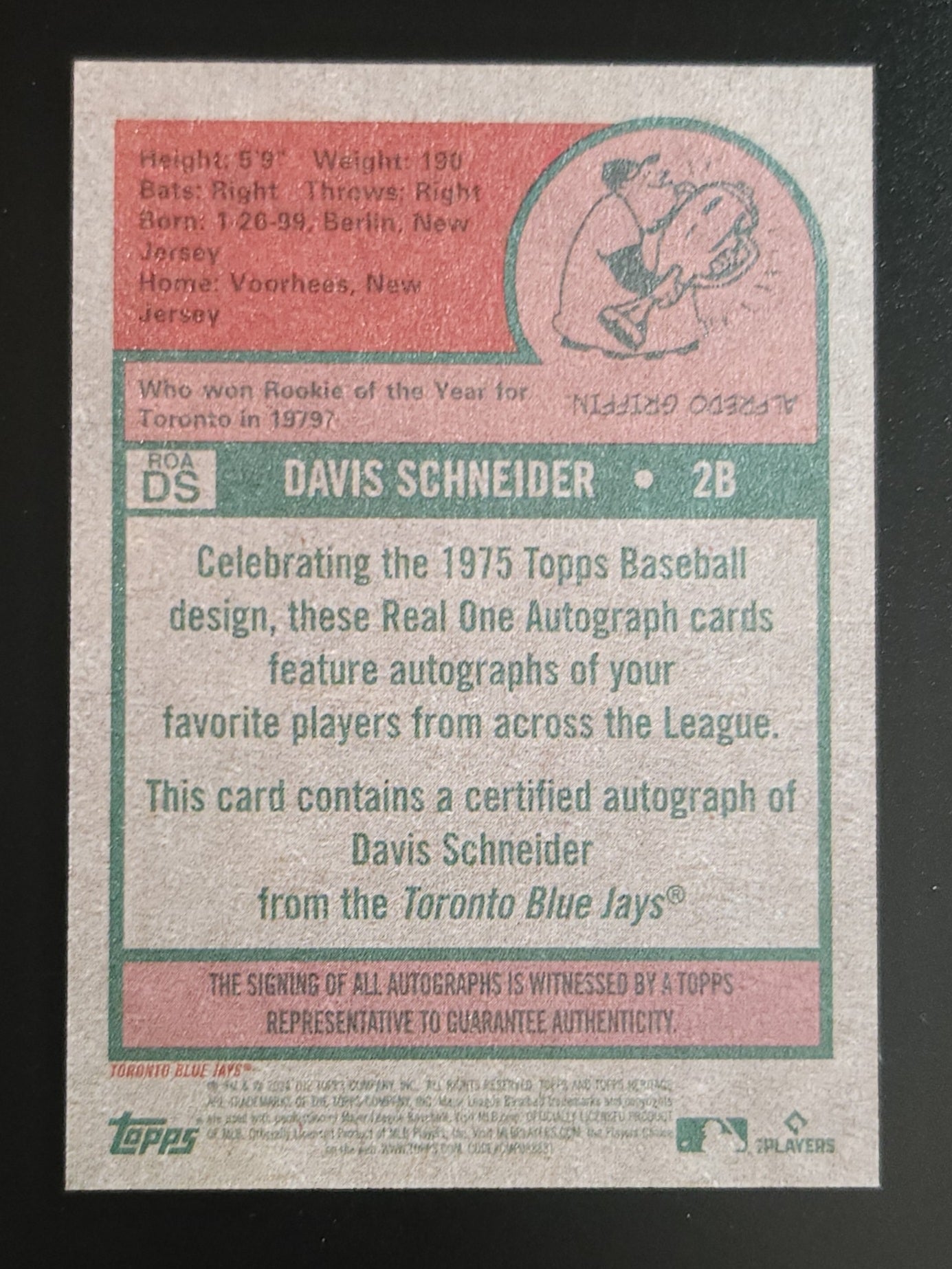 Davis Schneider 2024 Heritage High Number RC Real Ones Auto #ROA-DS Blue Jays