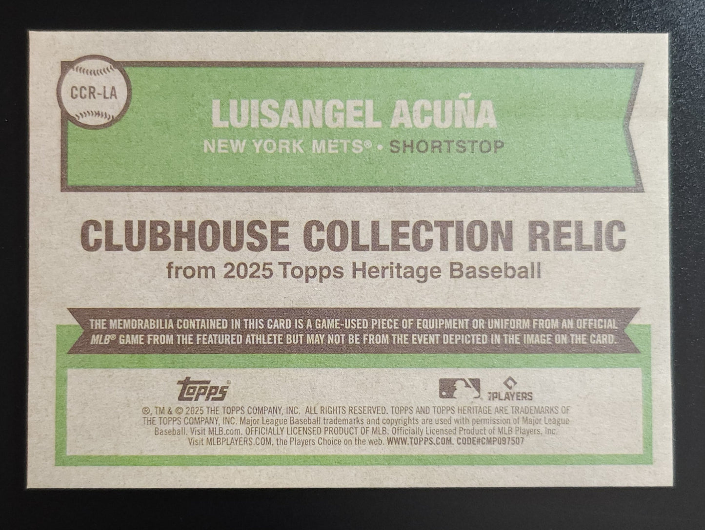 Luisangel Acuna 2025 Heritage Clubhouse Collection Relic RC #CCR-LA Mets
