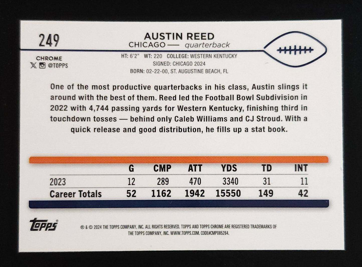 Austin Reed 2024 Topps Chrome RC Purple Sparkle 208/275 #249 Bears