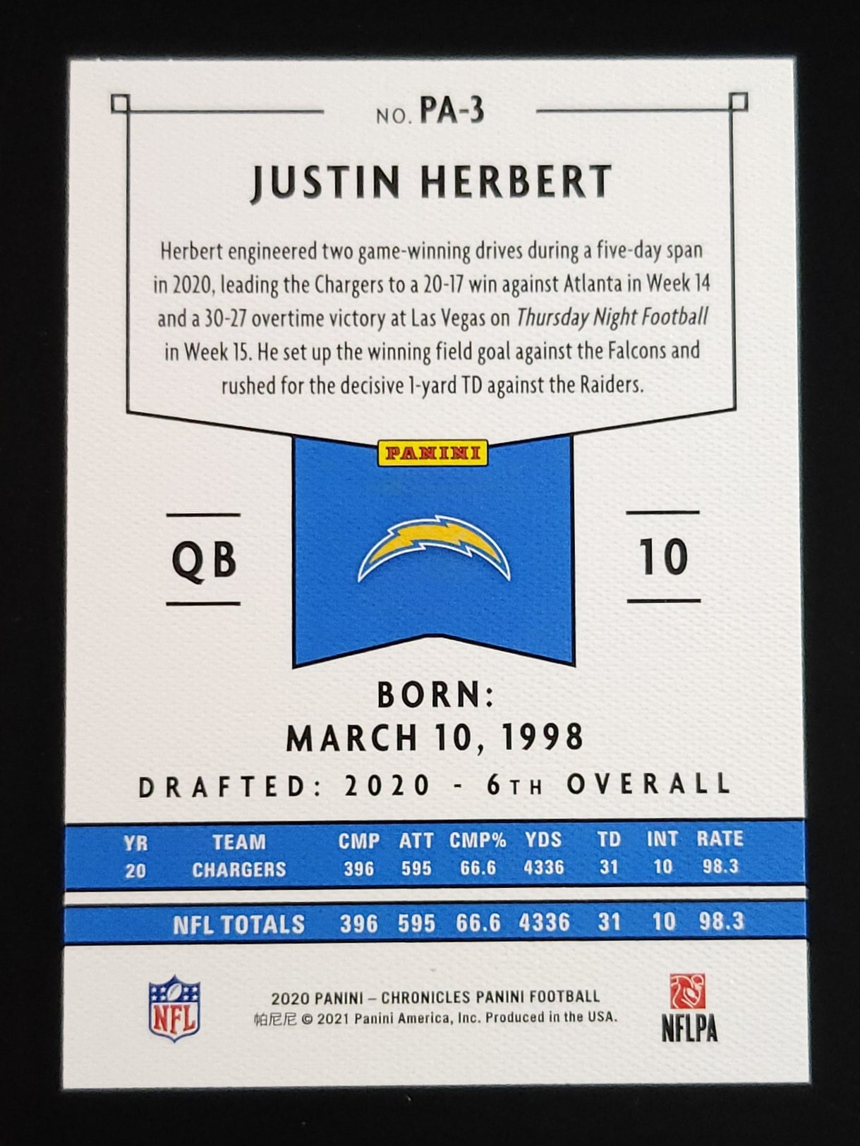 Justin Herbert 2020 Panini RC #PA-3 Chargers
