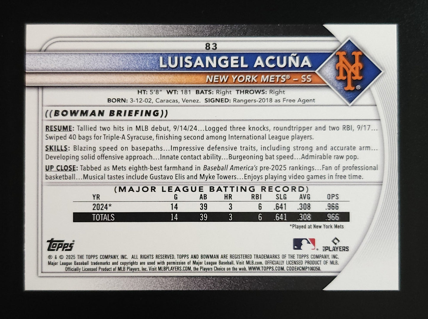 Luisangel Acuna 2025 Bowman RC Blue Parallel 10/150 #83 Mets