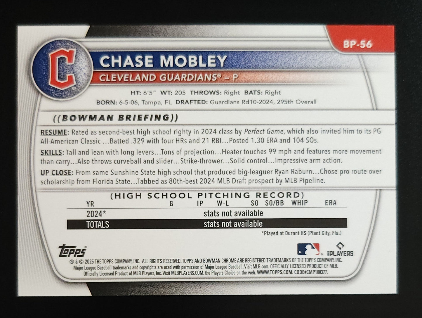 Chase Mobley 2025 Bowman 1st Purple Pattern 196/199 #BP-56 Guardians