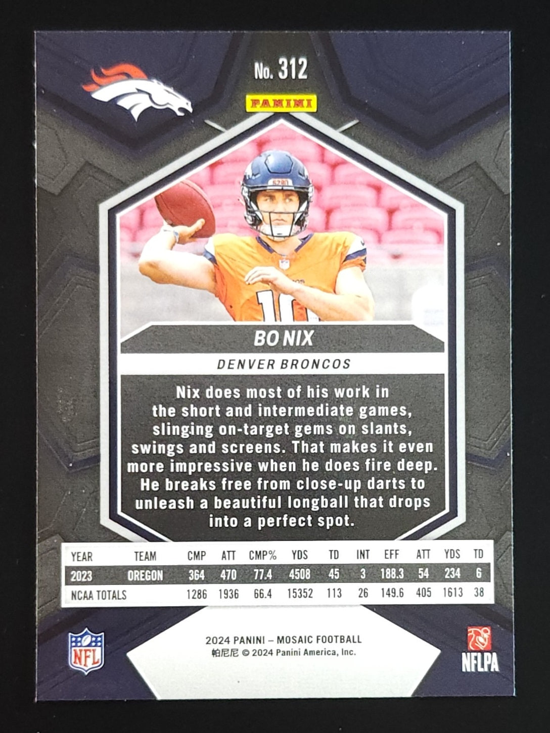 Bo Nix 2024 Panini Mosaic RC #312 Broncos