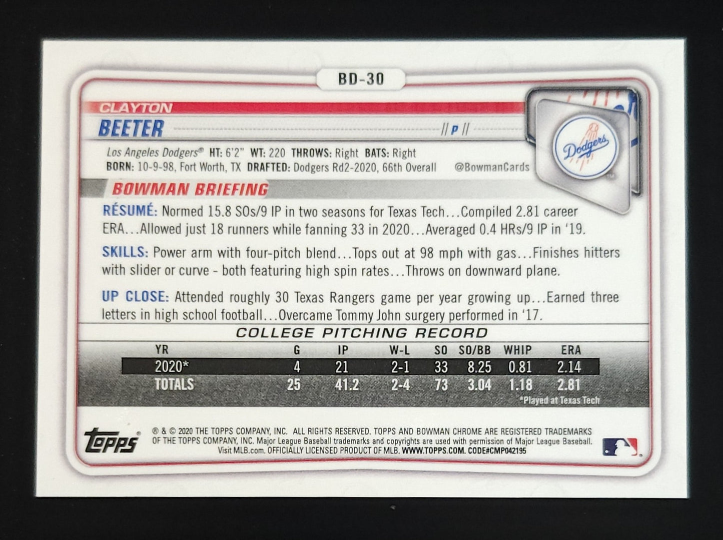 Clayton Beeter 2020 Bowman Chrome 1st Purple Refractor 243/250 #BD-30 Dodgers