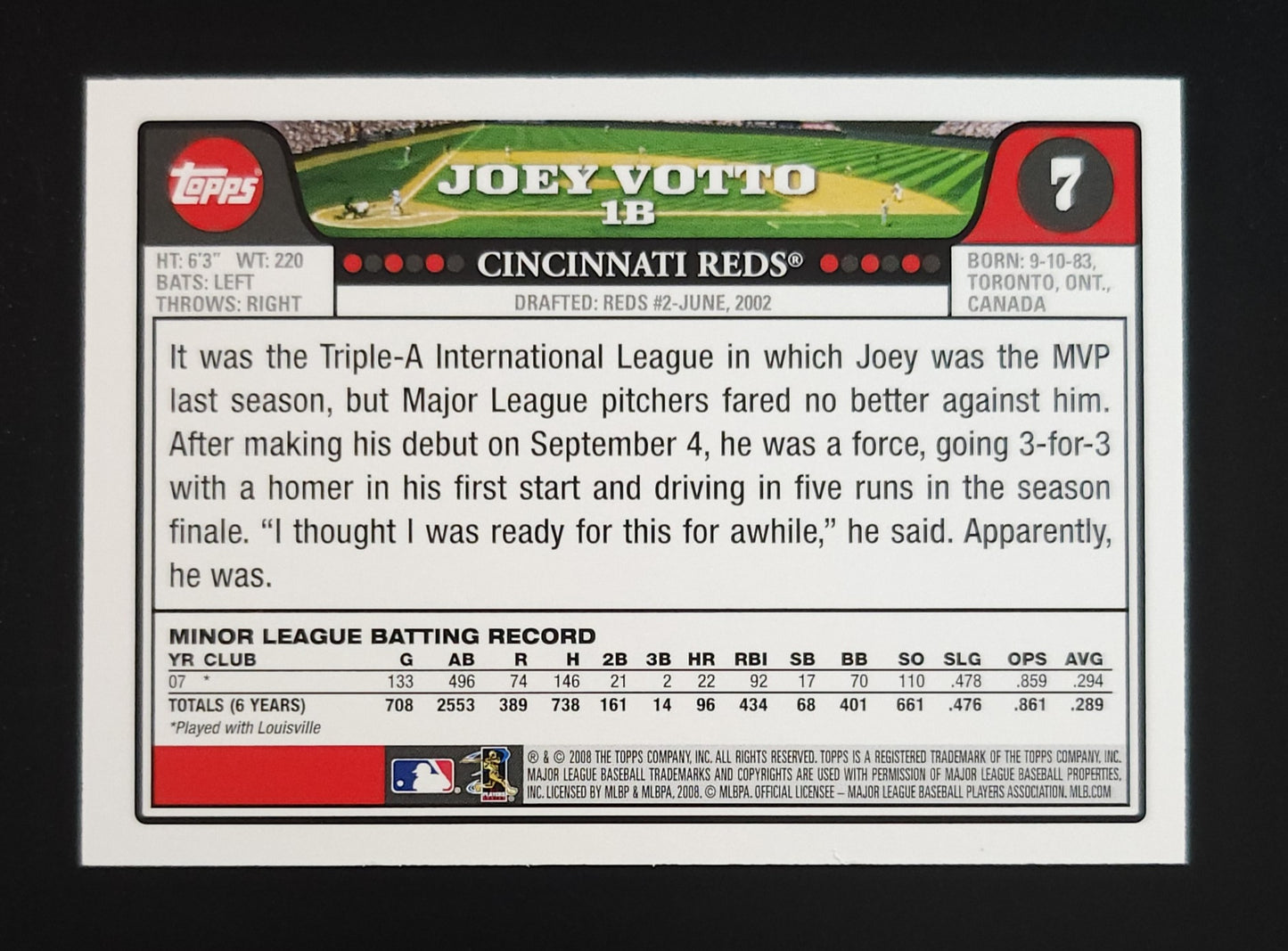 Joey Votto 2008 Topps RC National Baseball Card Day #7 Reds