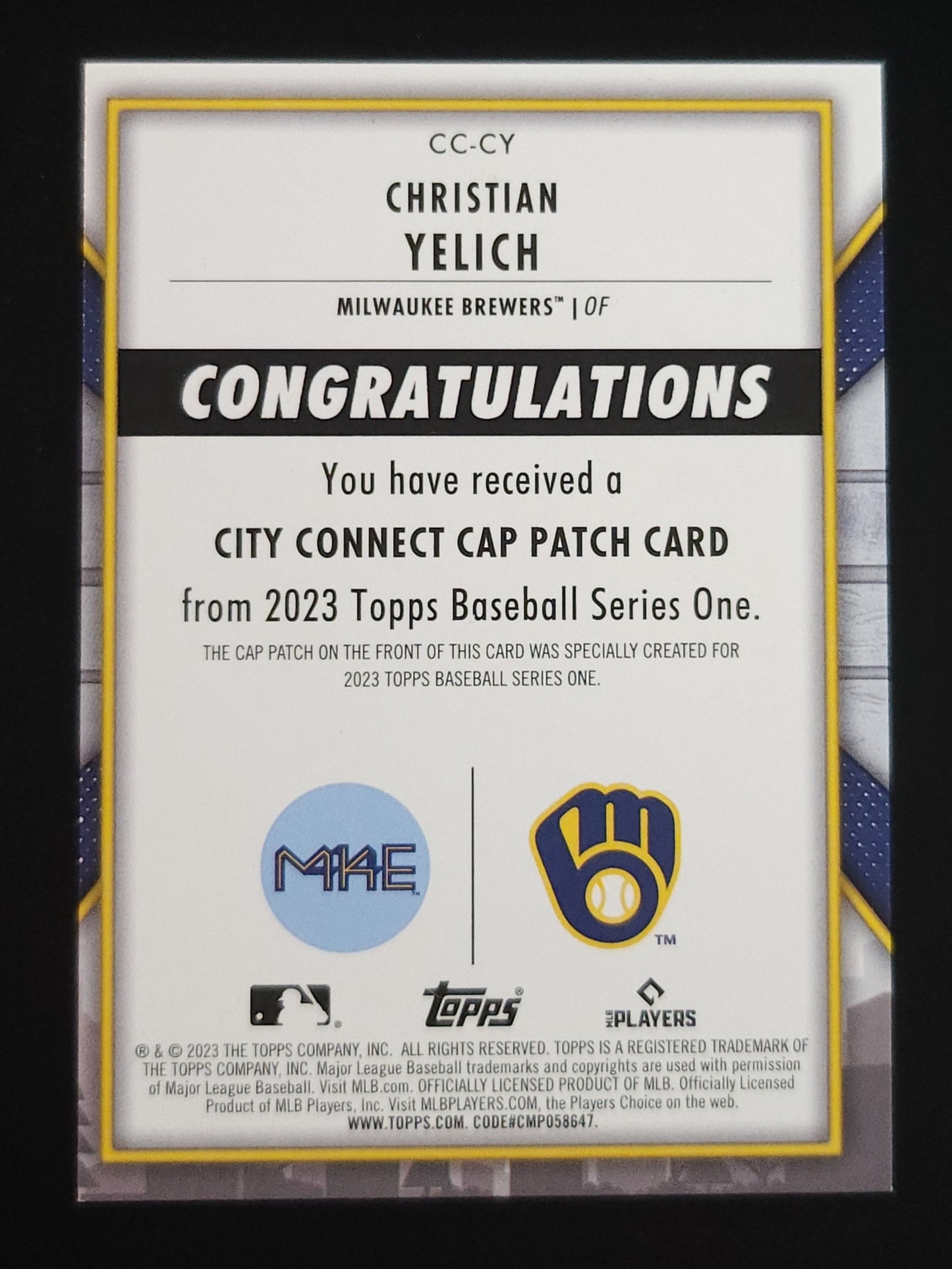 Christian Yelich 2023 Topps City Connect Cap Patch #CC-CY Brewers