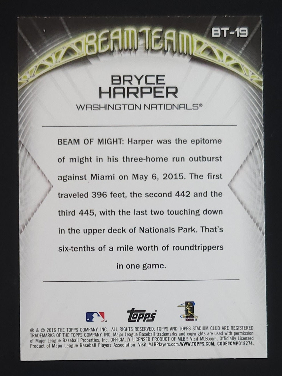 Bryce Harper 2016 Stadium Club Beam Team #BT-19 Nationals Phillies