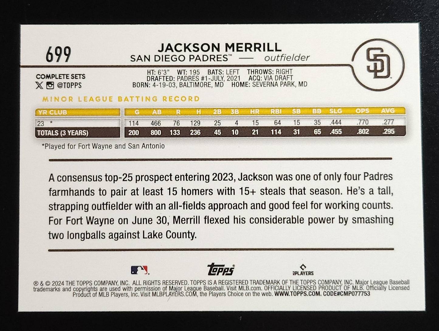 Jackson Merrill 2024 Topps RC Complete Set Variation #699 Padres