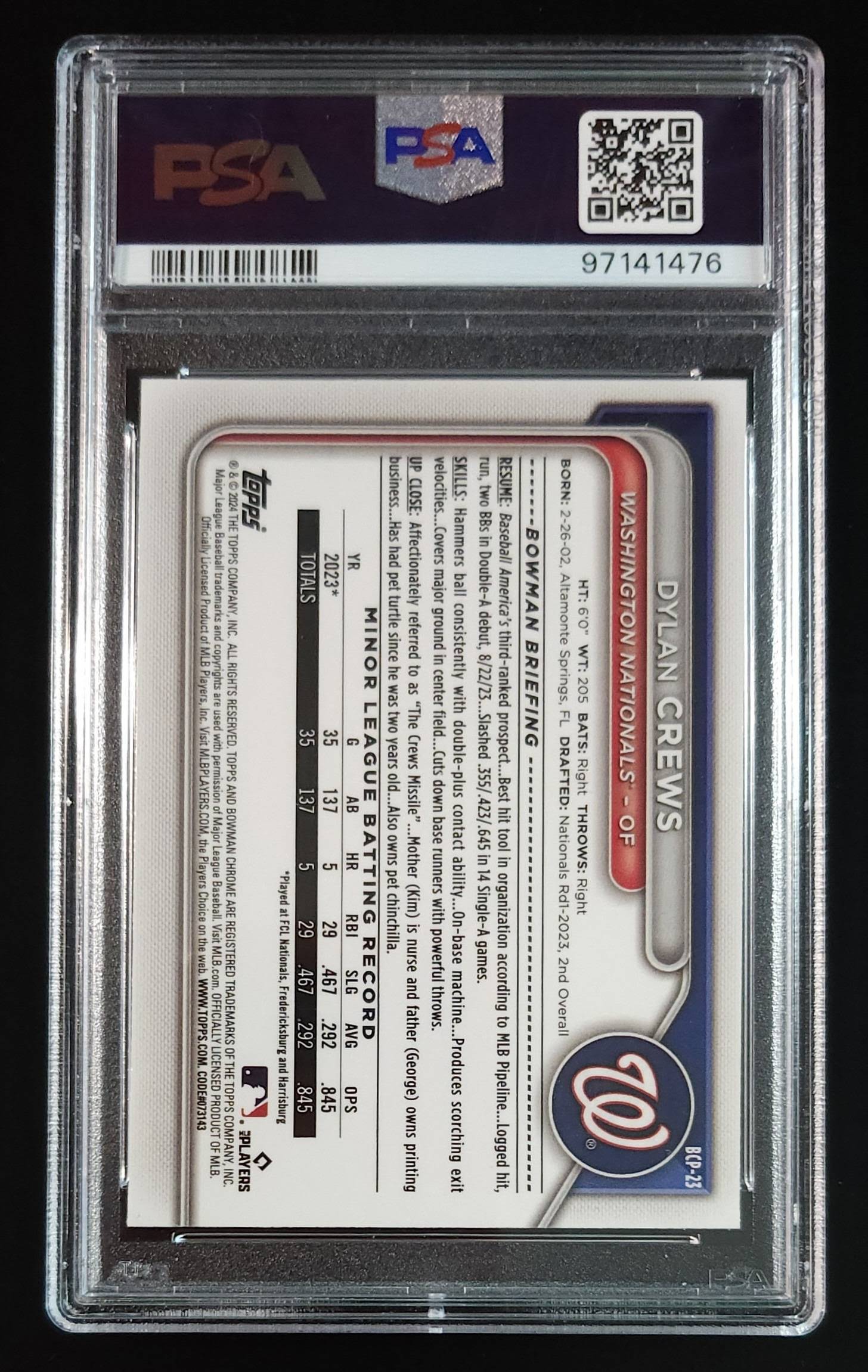 Dylan Crews 2024 Bowman Chrome 1st Mini Diamond #BCP23 PSA 9 Nationals - The Hobby Swap