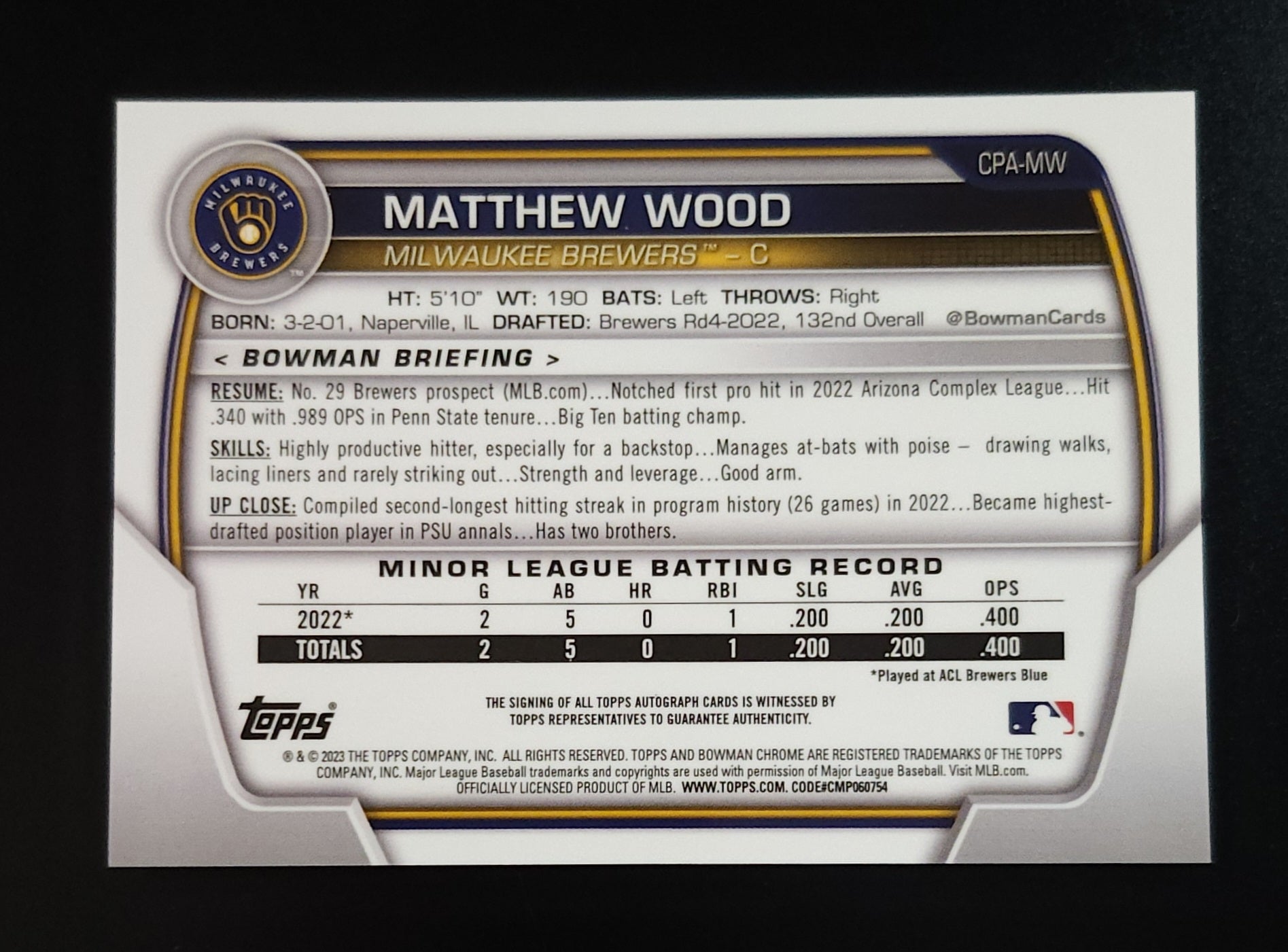 Matthew Wood 2023 Bowman Chrome 1st Auto Yellow Refractor 52/75 #CPA-MW Brewers - The Hobby Swap