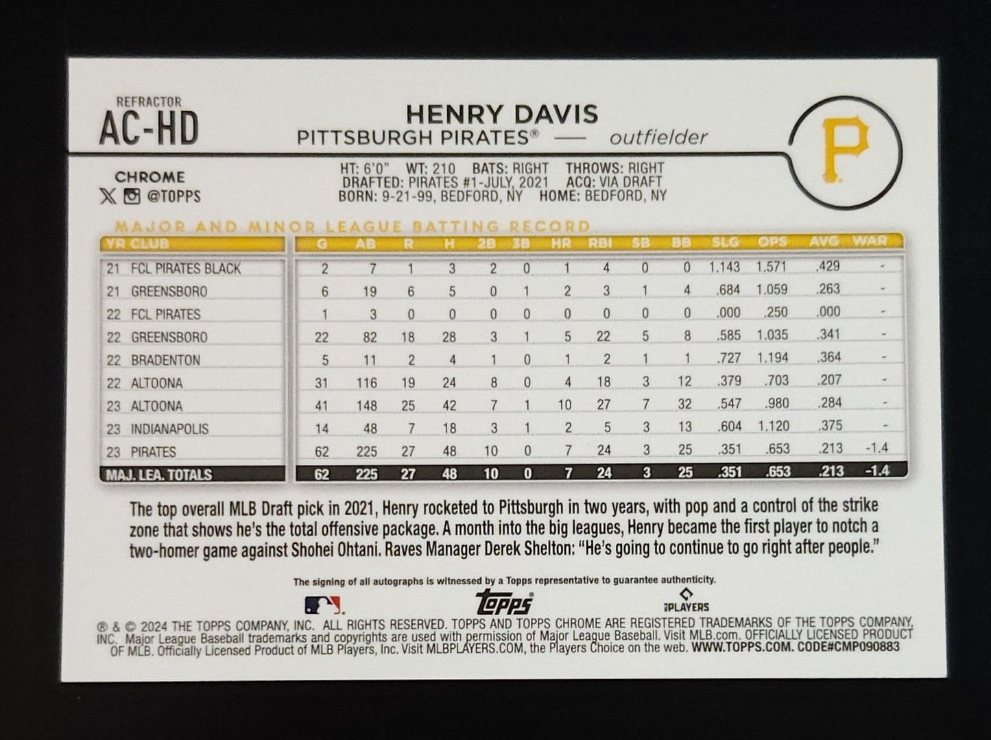 Henry Davis 2024 Topps Chrome Update Rookie Auto Refractor 293/499 #AC-HD Pirates - The Hobby Swap