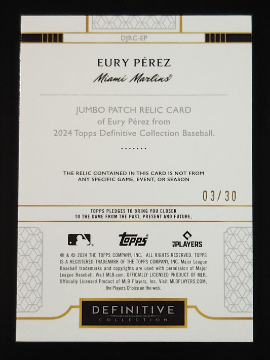 Eury Perez 2024 Topps Definitive Collection Jumbo Patch Relic 3/30 #DJRC-EP Marlins - The Hobby Swap