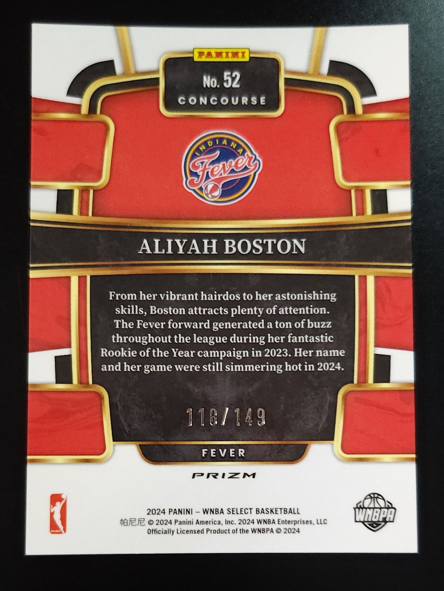 Aliyah Boston 2024 WNBA Select Purple Ice 118/149 #52 - The Hobby Swap