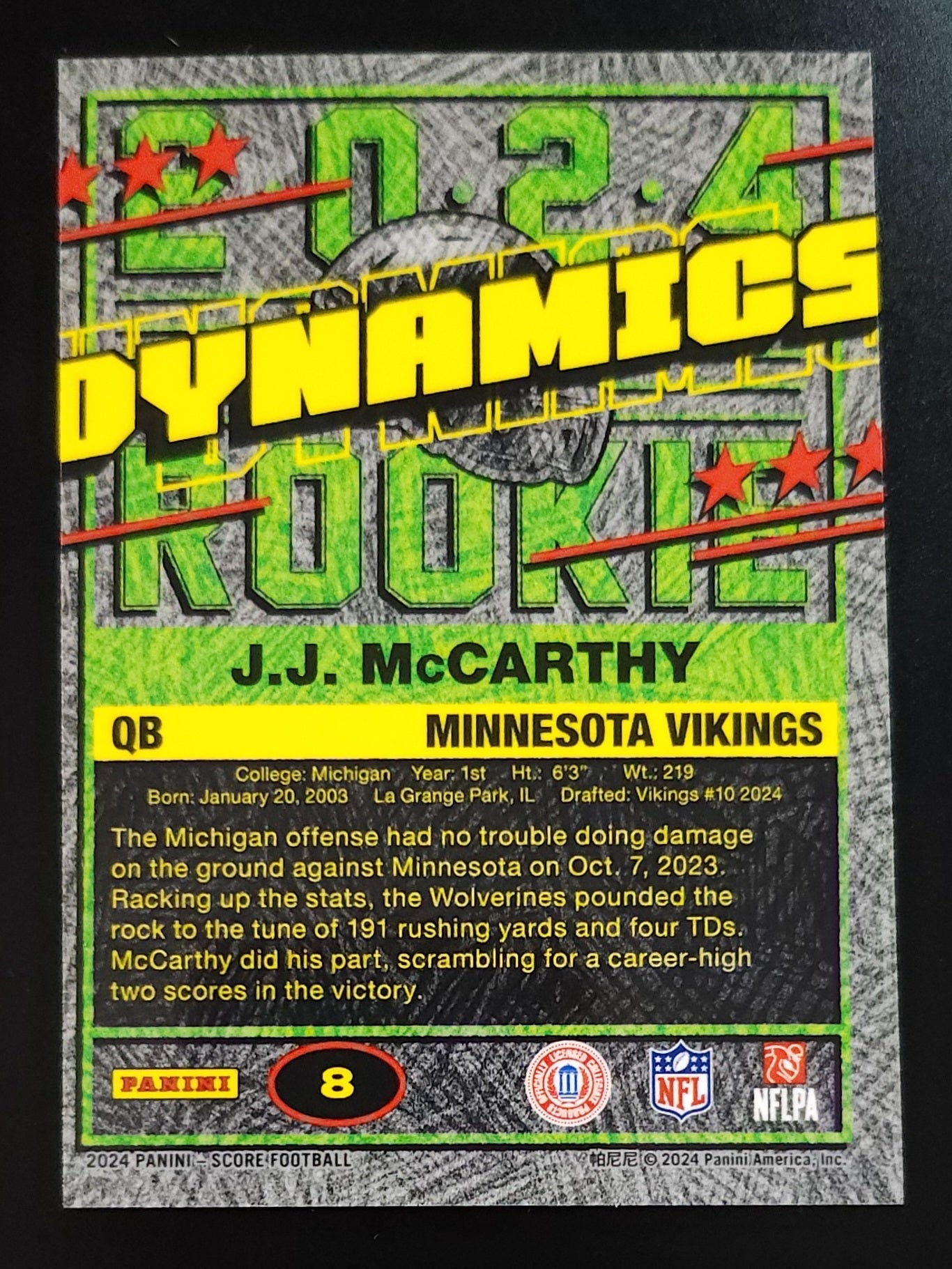 JJ McCarthy 2024 Score Dynamic 1989 Rookie #8 Vikings - The Hobby Swap