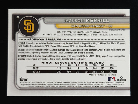 Jackson Merrill 2024 Bowman Chrome RC Mojo Refractor #27 Padres