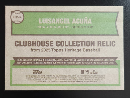 Luisangel Acuna 2025 Heritage Clubhouse Collection Relic RC #CCR-LA Mets