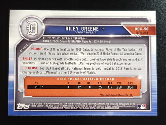 Riley Greene 2019 Bowman Chrome 1st Refractor #BDC-50 Tigers