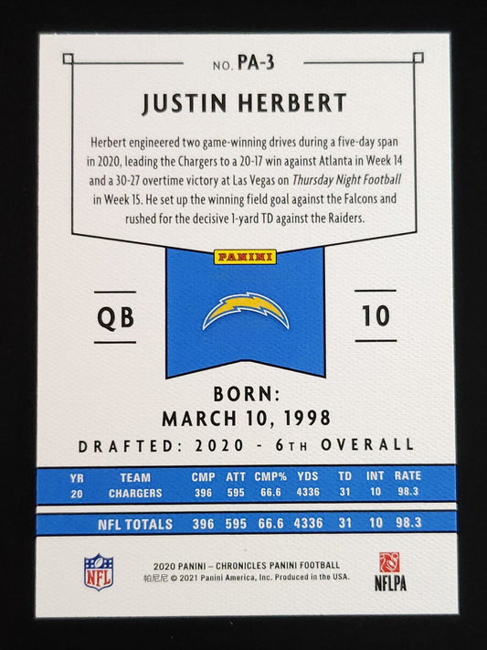Justin Herbert 2020 Panini RC #PA-3 Chargers