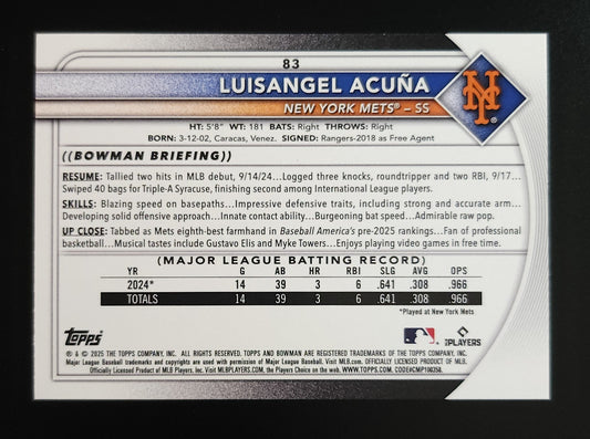 Luisangel Acuna 2025 Bowman RC Blue Parallel 10/150 #83 Mets