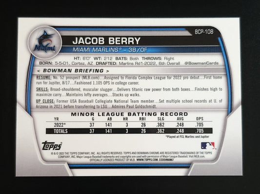 Jacob Berry 2023 Bowman Chrome Mojo Pink #56/199 #BCP-108 Marlins