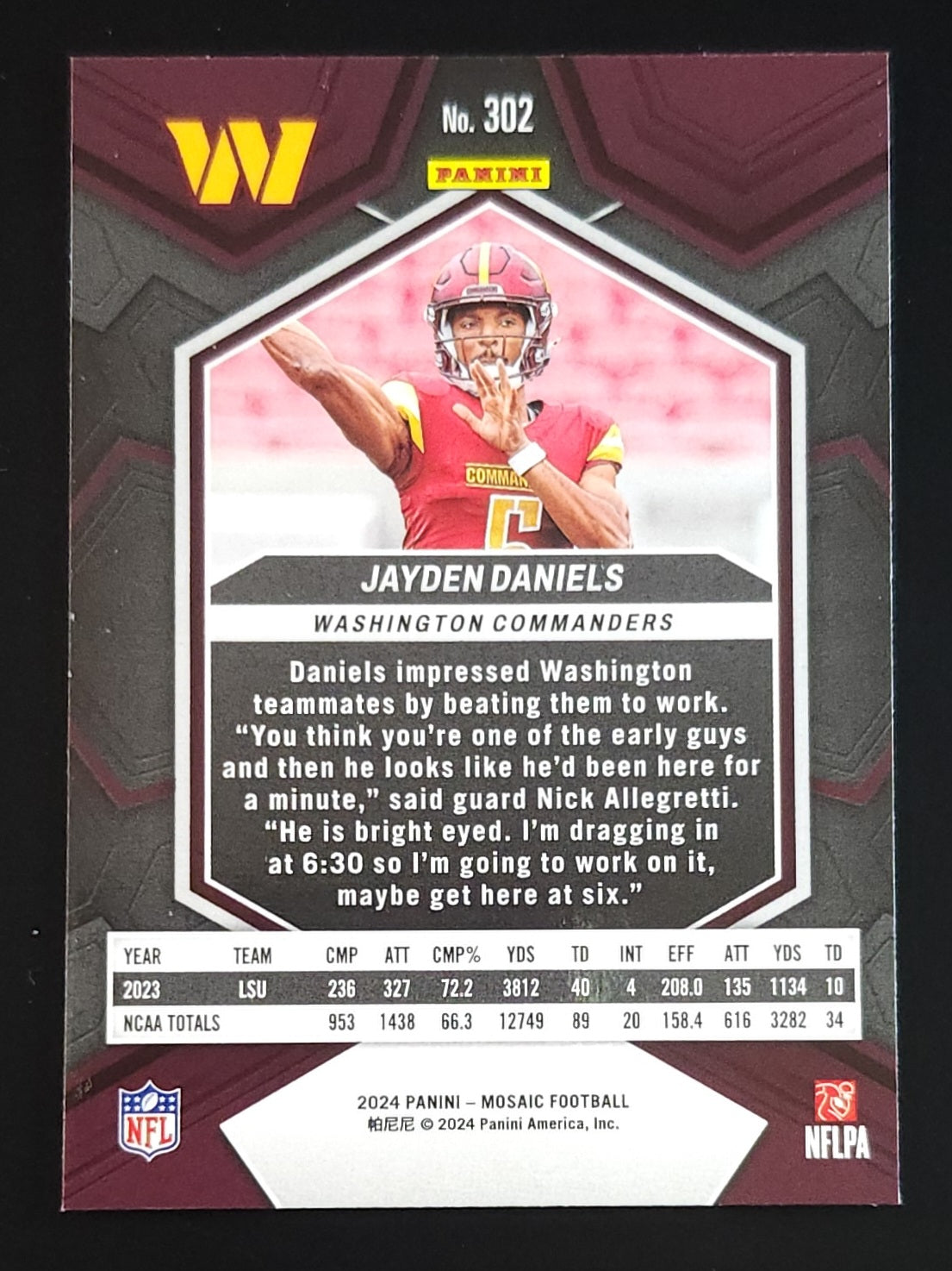 Jayden Daniels 2024 Panini Mosaic RC #302 Commanders