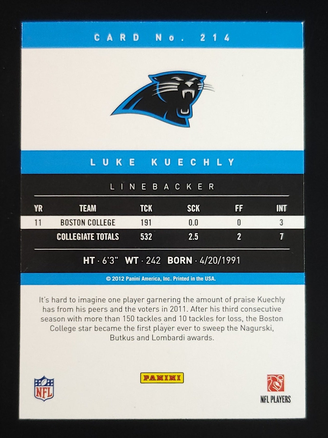 Luke Kuechly 2012 Panini Prestige Rookie #214 Panthers