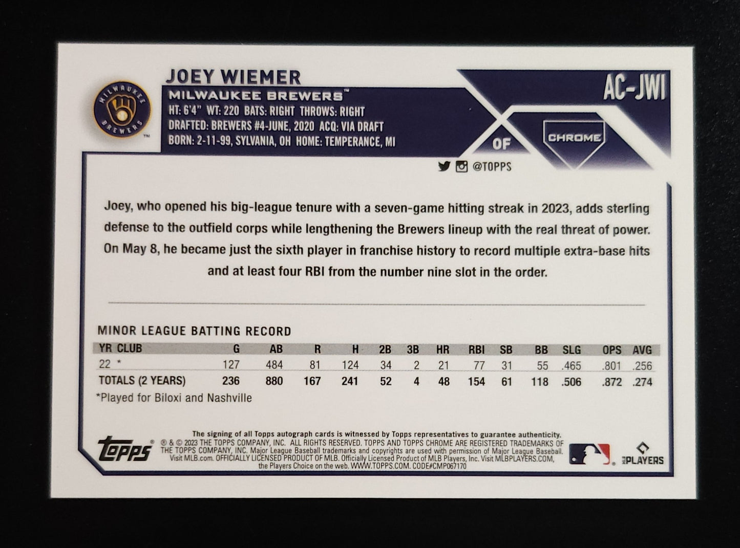 Joey Wiemer 2023 Topps Chrome RC Auto #AC-JWI Brewers