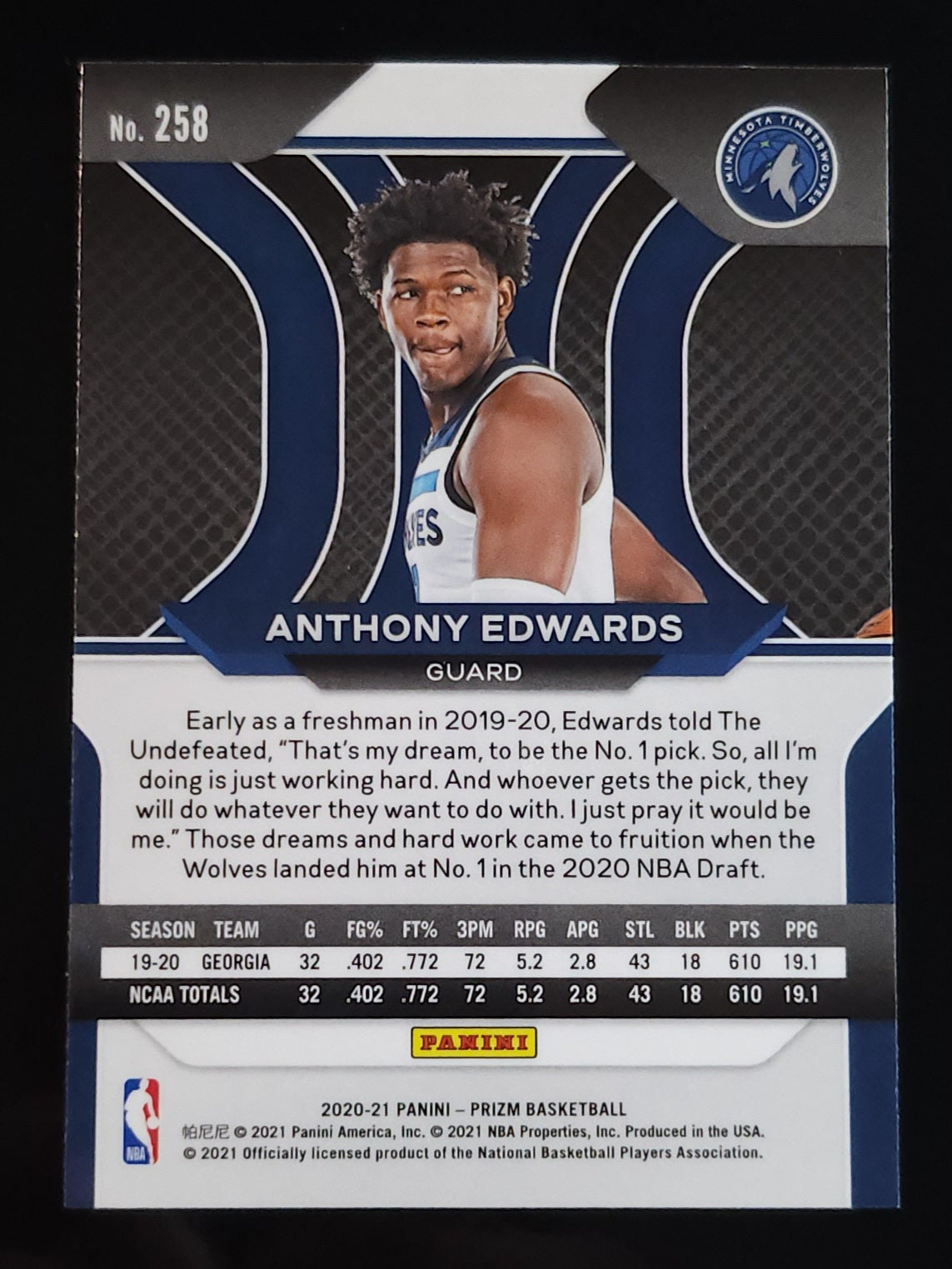Anthony Edwards 2020-21 Prizm RC #258 Timberwolves