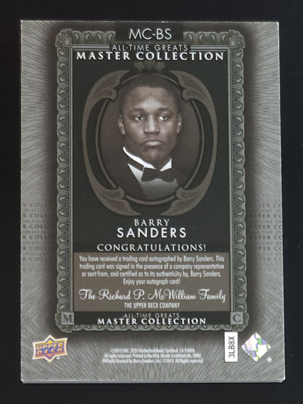 Barry Sanders 2015 Upper Deck Master Collection Silver Auto 11/20 #MC-BS Lions