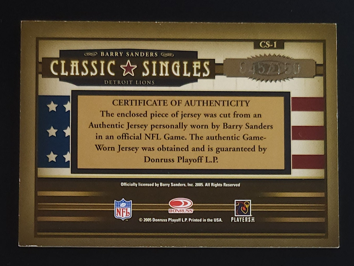 Barry Sanders 2005 Donruss Classic Singles Relic 45/150 #CS-1 Lions