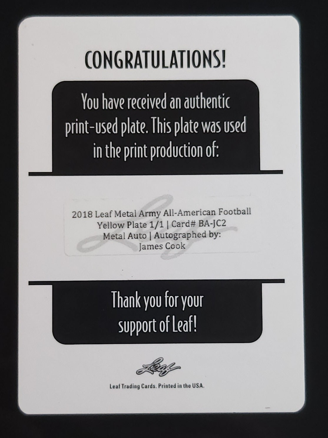 James Cook 2018 Leaf Metal Army Auto Yellow Printing Plate 1/1 Bills