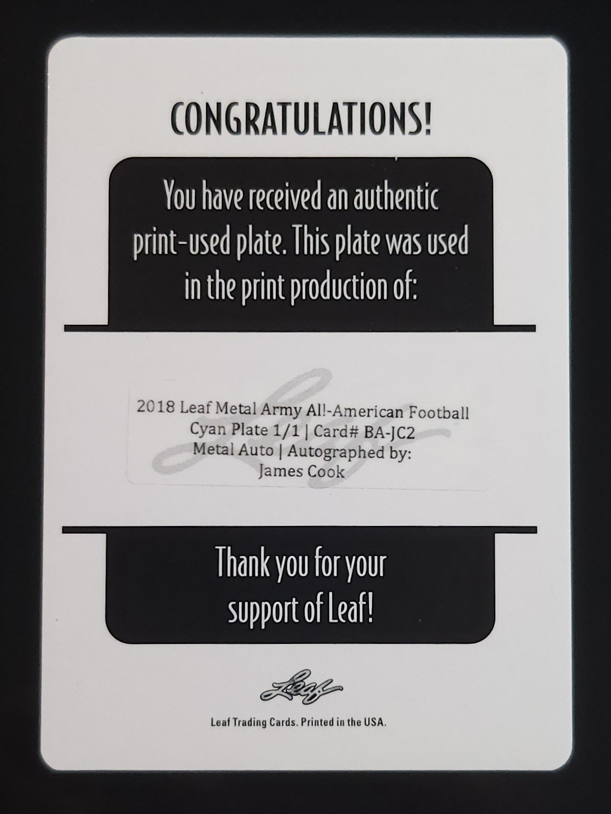 James Cook 2018 Leaf Metal Army Auto Cyan Printing Plate 1/1 Bills