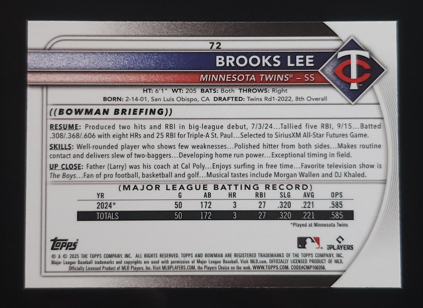Brooks Lee 2025 Bowman Red Rookie Redemption #72 Twins