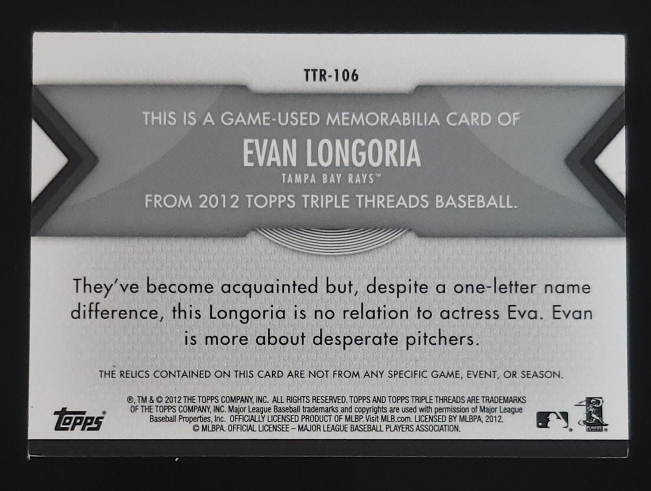 Evan Longoria 2012 Topps Triple Threads Relic "Not Eva" 3/36 #TTR-106 Rays