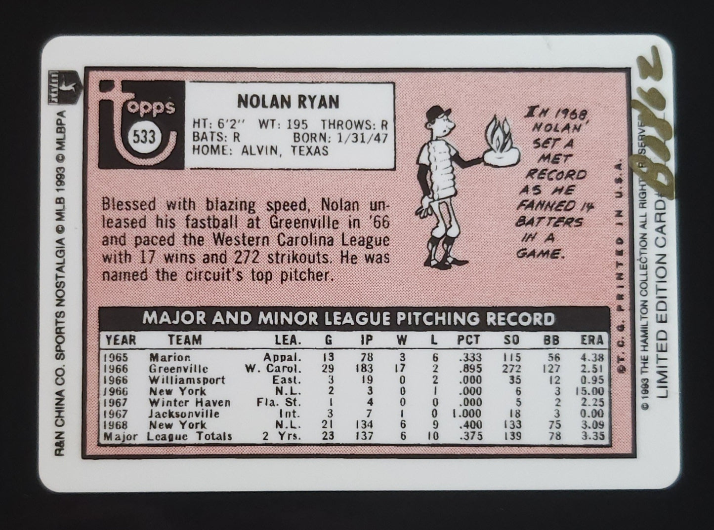 Nolan Ryan 1993 Topps Hamilton Collection 1969 #595 Mets Rangers