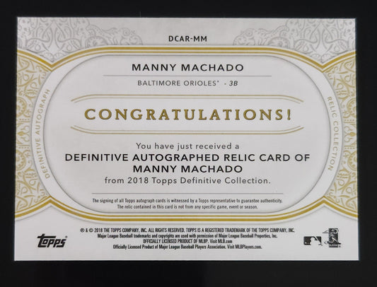 Manny Machado 2018 Topps Definitive Auto Relic 4/35 #DCAR-MM Orioles Padres