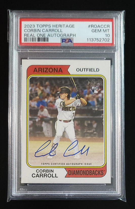 Corbin Carroll 2023 Heritage RC Real One Auto #ROA-CCR PSA 10 Diamondbacks
