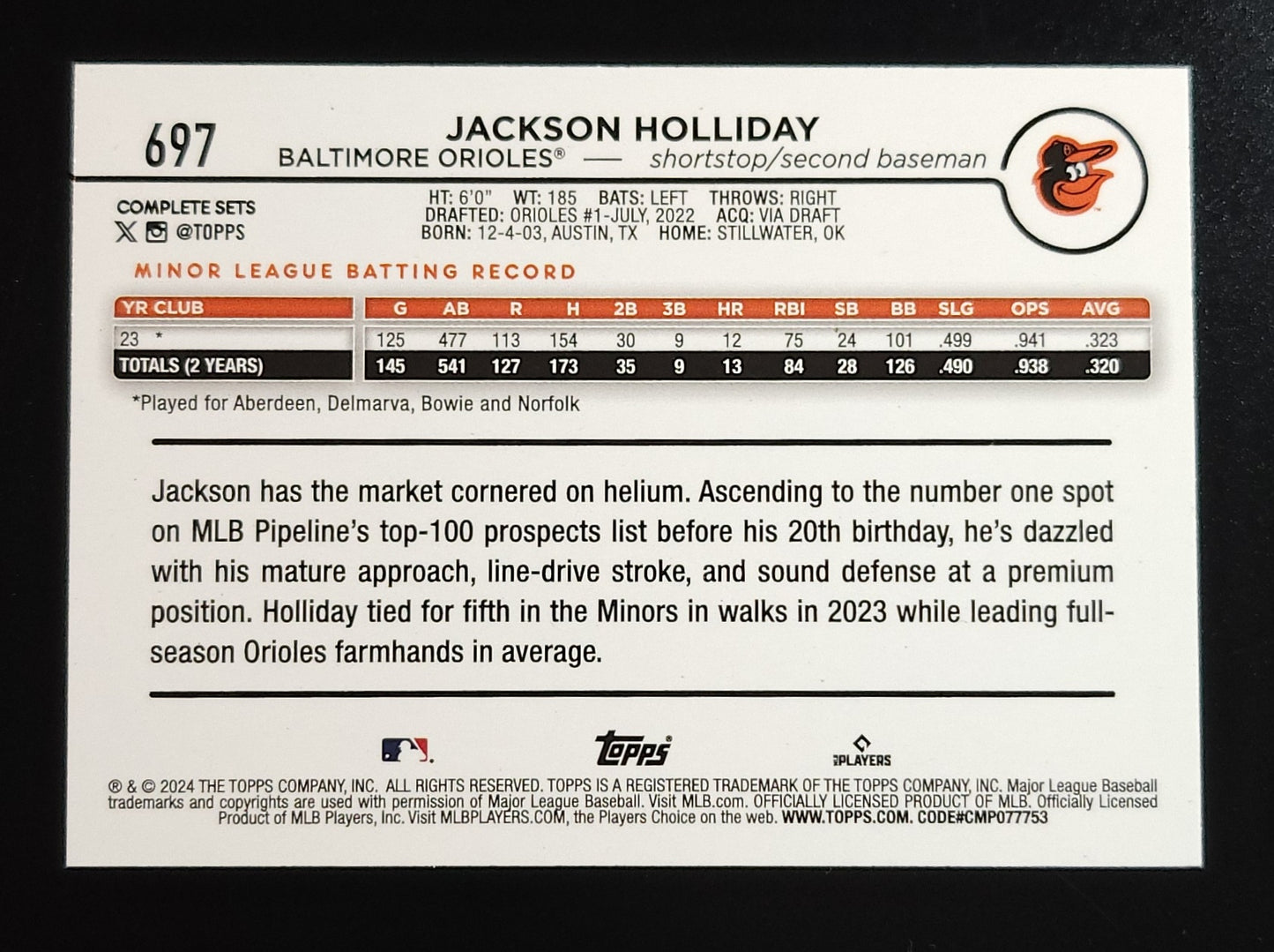 Jackson Holliday 2024 Topps RC Complete Set Variation v2 #697 Orioles