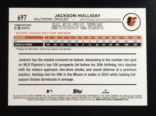 Jackson Holliday 2024 Topps RC Complete Set Variation v2 #697 Orioles