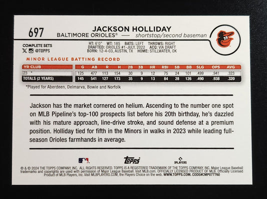 Jackson Holliday 2024 Topps RC Complete Set Variation #697 Orioles