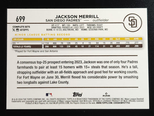Jackson Merrill 2024 Topps RC Complete Set Variation #699 Padres