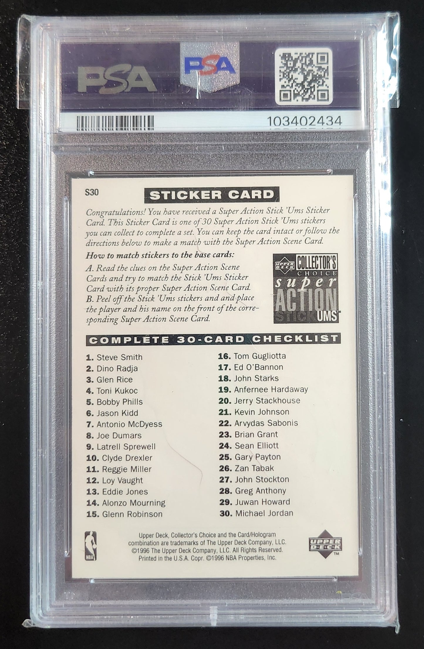 Michael Jordan 1996 Upper Deck Collectors Choice Stick-Ums 2 #S30 PSA 7 Bulls
