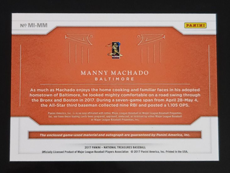 Manny Machado 2017 Panini National Treasure Auto Relic 9/25 #MI-MM Orioles Padres